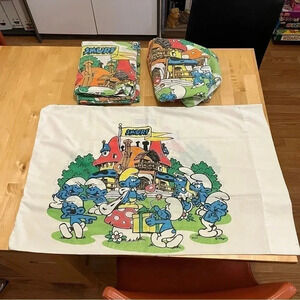 Vtg. 1983 SMURFS Village Twin Fitted & Flat Sheet Pillowcase Set Muslin